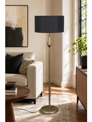 Taşcan Aydınlatma Lotus Eskitme Metal Ayaklı Lambader Siyah Kumaş Şapka Modern Salon Yatak Odası Köşe Aydınlatma