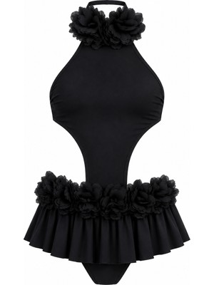 Lovekini Bendis Black Kids Swimsuit With Pink Chiffon Flowers Straps