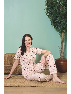 Over Sleep by Poleren Tüylenmez Kırışmaz Kumaş Yazlık Kısa Kol Kadın Gömlek Pijama Takımı