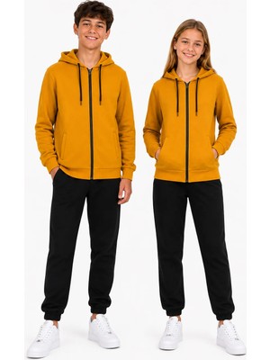 Trendhill Unisex Çocuk Şardonlu Kapüşonlu Yaka Eşofman Takımı HARDAL-310