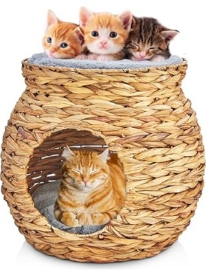 Aesco Doğal Hasırdan El Yapımı Çift Katlı Kedi ve Köpek Yuvası, Yumuşak Minderli, 48X48X45 cm