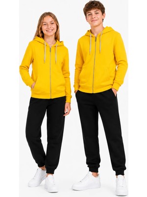 Trendhill Unisex Çocuk Şardonlu Kapüşonlu Yaka Eşofman Takımı SARI-310