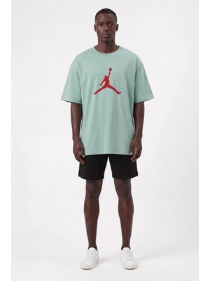 Lixa Günlük Spor Tişört Air Jordan Su Yeşili Kırmızı Baskı Oversize 142582