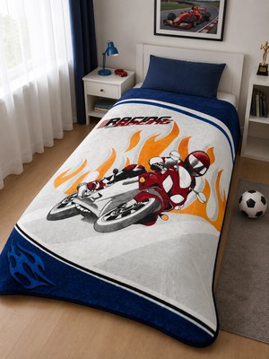 Aksu -Moto Racing Mavi- Tek Kişilik Çocuk Battaniye (155X215)