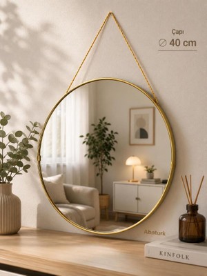Abnturk 40CM Dekoratif Yuvarlak Duvar Aynası- Gold Çerçeveli Salon Mutfak Antre Banyo Aynası