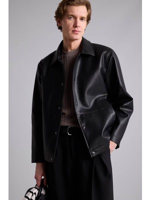Defacto Regular Fit Çıtçıtlı Siyah Erkek Deri Mont H2233AX/BK27