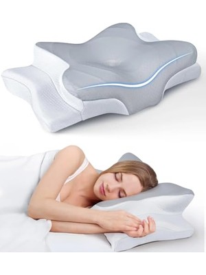 Aesco Premium Ortopedik Yastık – Konturlu Boyun Yastığı, Hafızalı Köpük, Ergonomik Boyun ve Omuz Desteği, Serinletici ve Kokusuz, Yan ve Sırtüstü Yatanlar Için (Giri Beyaz)