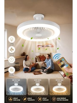 Aesco LED Tavan Vantilatörü Uzaktan Kumandalı 3 Kademeli Fan & 3 Renk Işık ve Zaman Ayarlı Modern Floresan Tip Lamba