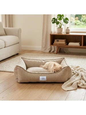 Aesco Vanilla Dokuma Kumaş Kedi & Köpek Yatağı – Çıkarılabilir Iç Minderli, Kaydırmaz Tabanlı, Boncuk Elyaf Dolgulu (Krem, Large)