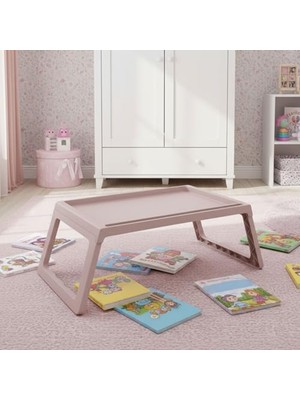 Aesco Deconox Katlanabilir Yatak Üstü Laptop Sehpası ve Kahvaltı Masası - Tablet ve Telefon Standlı Çok Amaçlı Portatif Çalışma Sehpası (56X36X26 Cm) (Pudra)
