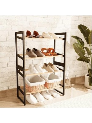 Aesco Ahşap Ayakkabılık Çubuklu Midi 4 Kat Bölmeli Düzenleyici 8 Çift Ayakkabı Kapasiteli Raf Ünitesi Portatif