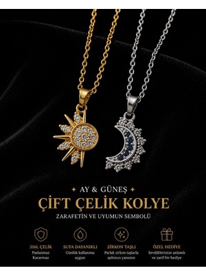 Luminoo Ay ve Güneş 2’li Çelik Kolye Seti 316L Paslanmaz Zirkon Taşlı Çift Kolye