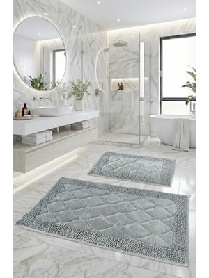 Aesco Pamukkent Süper Emici 2'LI%100 Pamuk Ultra Lüks Banyo Paspası Seti 60X100 cm ve 50X60 cm (Antrasit)