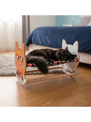 Aesco Gobypet Ahşap Sallanan Kedi Beşiği – Sevimli Kedi Figürlü, Minderli, Dekoratif Dinlenme Yatağı (Lacivert)