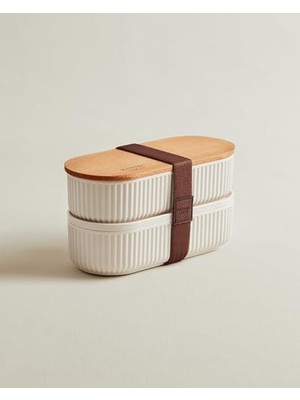 Aesco Magou 2'li Ahşap Kapaklı Lunch Box - Soft Ekru - 500X2 ml