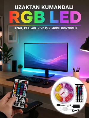Grandor Uzaktan Kumandalı Rgb Şerit LED 5 Metre 12V 5050 Smd Çok Renkli Dekoratif Işık Seti