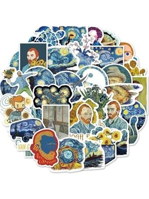 Aesco 50'li Van Gogh Stickers, Sticker Seti Laptop Notebook Tablet Sticker Seti, 68746854684684