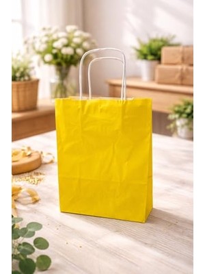 Aesco Çelikpençe Kraft Kağıt Çanta, Büküm Saplı, 25X31X12 Cm, Hediyelik Butik Mağaza Poşeti, 25 Adet (Sarı)