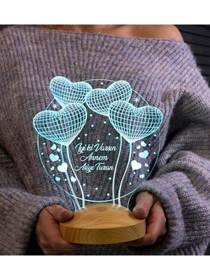 Aesco Anneler Günü Hediyesi, Anneye Hediye, Anneye Doğum Günü Hediyesi Balon Kalpler Küre Kişiye Özel 3D LED Lamba