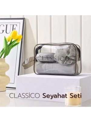 Aesco Arvale Classico Seyahat Seti Banyo Seti Siyah - Duş Lifi, Sabunluk, Tarak ve Ayna Kapaklı Makyaj Kutusu
