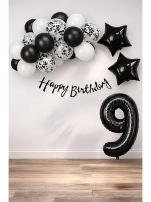 Aesco Siyah Konsept 9 Yaş Doğum Günü Kutlama Seti; Beyaz Siyah Konfetili Balon, Rakam Yıldız Folyo ve Banner