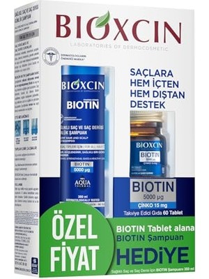 Aesco Bioxcin Biotin Saç Bakım Seti – Dökülme Karşıtı Şampuan 300 ml + Biotin 5000 Mcg 60 Tablet – Saç Sağlığı Için Takviye Edici Set