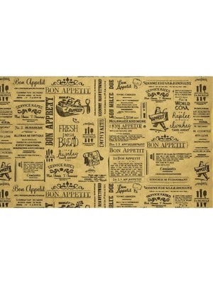 Aesco Bon Appetit Desenli Sunum Kağıdı, Vintage Gazete Stili, Kraft Görünümlü, 25X35 Cm, Tek Kullanımlık, Restoran ve Kafe Için, 50 Adet
