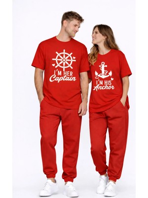 Mondschein Sevgili Kombini Oversize Çift Tişört Unisex Captain Anchor Baskılı Matching Couple Partner 2'li Set