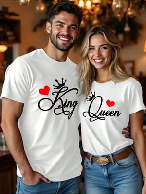 Mondschein Sevgili Kombini King Queen Baskılı Oversize Çift Tişört Seti Unisex Matching Couple Tshirt Çift