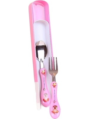 Aesco Çocuk Çatal Kaşık Seti – Taşıma Kutulu, Paslanmaz Çelik, Pembe