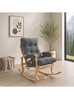 Aesco Ahşap Sallanan Sandalye Tv Dinlenme Emzirme Baba Okuma Koltuğu Ergonomik Minderli Çift Cepli Füme