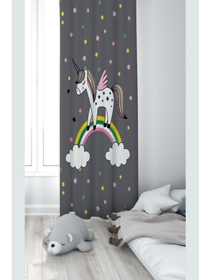 Aesco Pelangi Gri Unicorn Desenli Dijital Baskı Yıkanabilir Bebek Çocuk Odası Fon Perdesi, Gri 70 x 240, 1103105702401