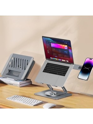 Aesco Mcstorey Laptop Stand Karbon Çelik 360° Döner Ergonomik Yükseklik Ayarlı Soğutucu Magsafe Uyumlu Telefon Tutuculu Gizlenebilir Notebook Tablet Uyumlu 10-17.3 Inç Gri