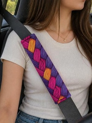 Aesco Dijital Baskılı Emniyet Kemeri Pedi, 26 Cm, Yumuşak Süngerli, Mor ve Pembe Örgü Desenli, Universal, 2 Adet