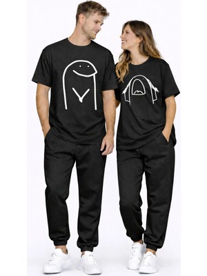 Mondschein Sevgili Kombini Çift Tişört Oversize Unisex Matching Couple Minimal Çizim Tasarım Çift Kombin Seti