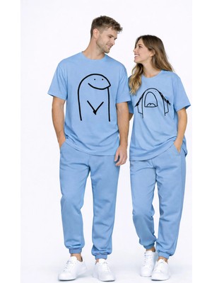 Mondschein Sevgili Kombini Çift Tişört Oversize Unisex Matching Couple Minimal Çizim Tasarım Çift Kombin Seti