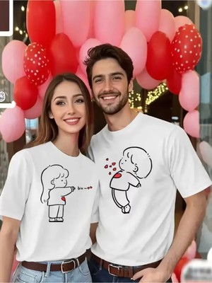 Mondschein Sevgili Kombin Tişört Çifti – Kalp Detaylı Sevimli Çizim Baskılı Pamuklu Unisex Çift Tişört Seti