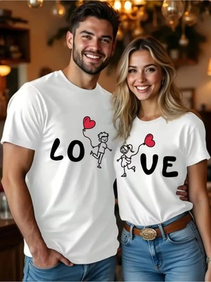 Mondschein Sevgili Kombini Love Baskılı Çift Tişört Seti Oversize Unisex 2'li Set