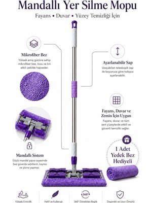 Aesco Krafz Home Mandallı Mop – Teleskopik Saplı Yer Temizlik Mopu, Fayans, Seramik, Duvar ve Cam Temizliği Için, Istediğin Bezi Tak Kullan Sistemi, +1 Yedek Bez Hediyeli