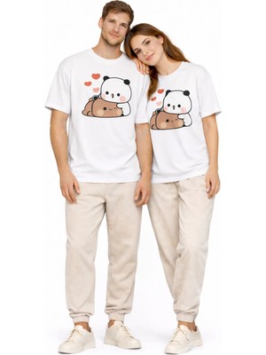 Mondschein Sevimli Panda Baskılı Sevgili Kombini Çift Tişört Oversize Unisex Çift Kombin 2'li Set
