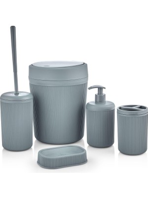 Aesco 5 Parça Lüx Plastik Banyo Seti - Çöp Kovalı, Antibakteriyel Fırça, Normal ve Sıvı Sabunluk, Diş Fırçalıklı - Antresit