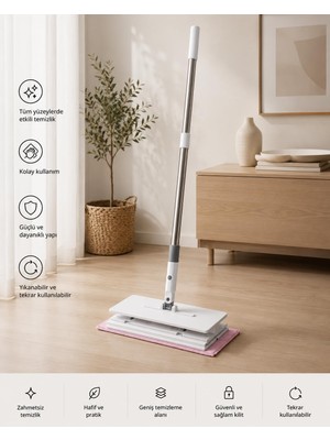 Aesco Akıllı Mop Krafz One Click Otomatik Bez Yakalayan Temizlik Seti - Kıskaçlı Duvar ve Yer Yüzey Mopu, Tüm Bezlerle ve Islak Mendille Uyumlu El Değmeden Bez Değiştiren( 2 Adet Mikrofiber Bez Hediyeli )