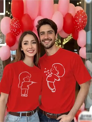 Mondschein Sevgili Kombin Tişört Çifti – Kalp Detaylı Sevimli Çizim Baskılı Pamuklu Unisex Çift Tişört Seti