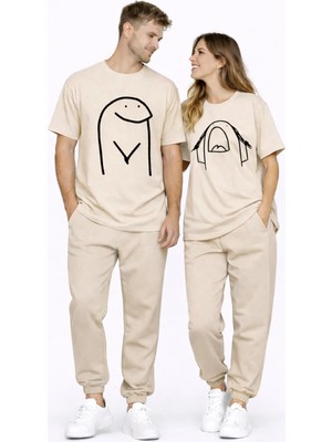 Mondschein Sevgili Kombini Çift Tişört Oversize Unisex Matching Couple Minimal Çizim Tasarım Çift Kombin Seti