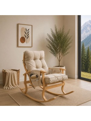 Aesco Ahşap Sallanan Sandalye Tv Dinlenme Emzirme Baba Okuma Koltuğu Ergonomik Minderli Çift Cepli Krem