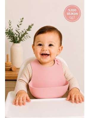 Aesco Siliconly Bpa İÇERMEYEN%100 Silikon Bebek Mama Önlüğü Kaydırmaz Cepli Bebek Önlüğü Pembe
