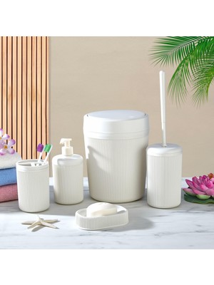 Aesco 5 Parça Lüx Plastik Banyo Seti - Çöp Kovalı, Diş Fırçalıklı, Sıvı ve Katı Sabunluk Antibakteriyel Fırça - Krem-