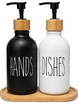 Aesco 2’li Hands & Dishes Siyah Beyaz Cam Sabunluk Seti – Modern Minimalist Tasarım, 500 ml Kapasiteli, Bambu Standlı Dekoratif Mutfak & Banyo Sıvı Sabunluk Dispenser Seti