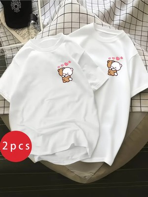 Mondschein Sevgili Kombini Tişört 2’li Set Ayıcık Baskılı Unisex Çift Tişört %100 Pamuk