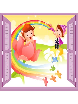 Aesco Çocuk Odası Bebek Odası Pencere Poster Duvar Kağıdı Gökkuşağı
